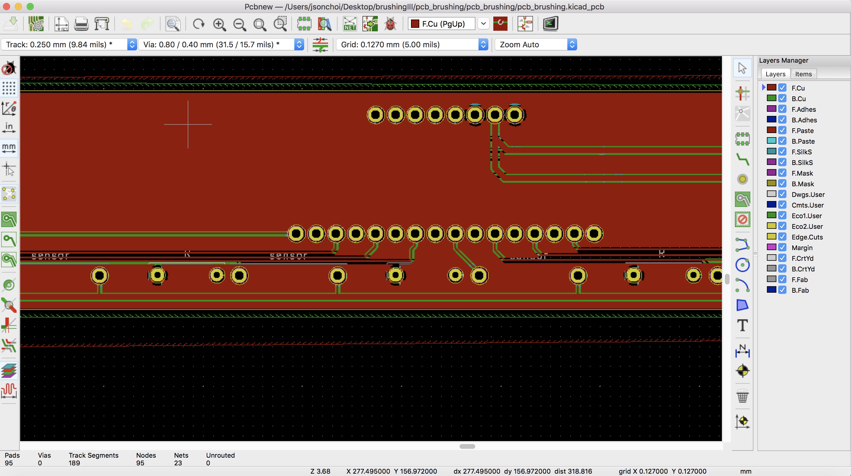 PCB layout for the sensor grid, designed in KiCad